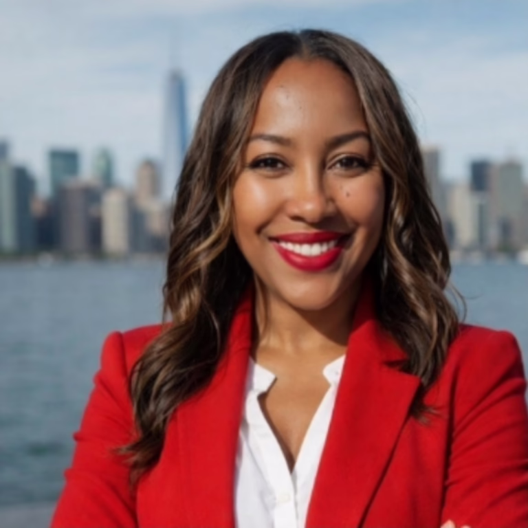 Portrait of a smiling woman with wavy hair wearing a red blazer and white shirt, city skyline in the background.