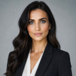 Portrait of a professional woman with long dark hair, wearing a black blazer and white blouse, looking at the camera against a gray backdrop.