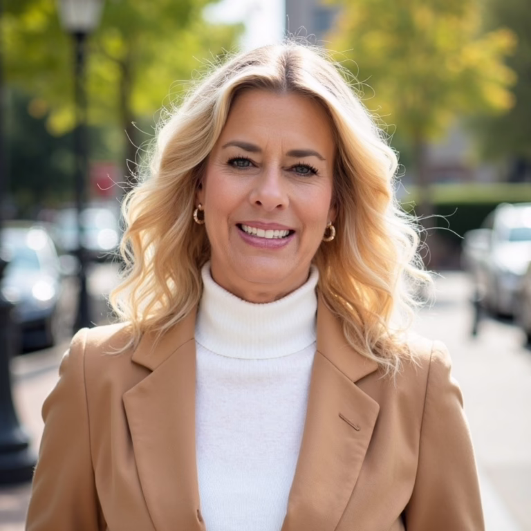 Smiling blonde woman in a beige coat and white turtleneck standing on a sunny city street, looking at the camera.