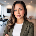 Professional woman in an olive blazer standing in a modern office with arms crossed and a focused expression