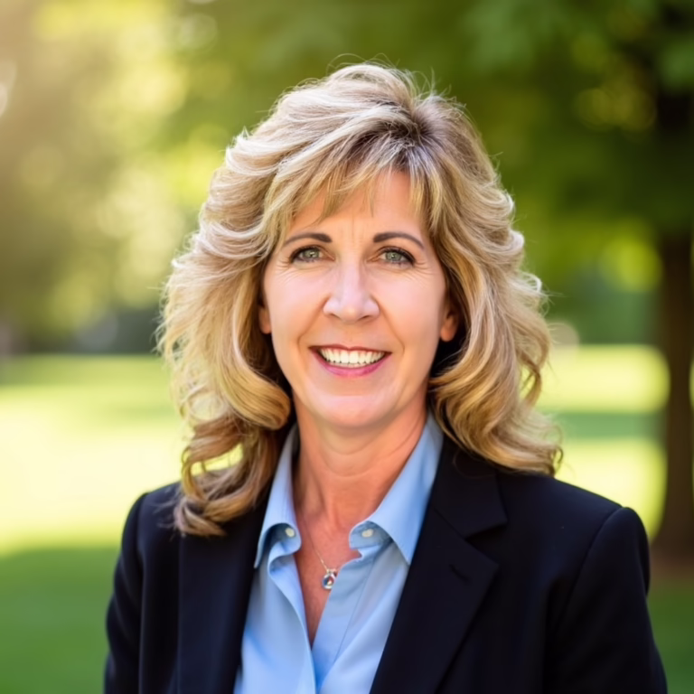 Smiling woman in a navy blazer and light blue shirt outdoors in a sunlit park
