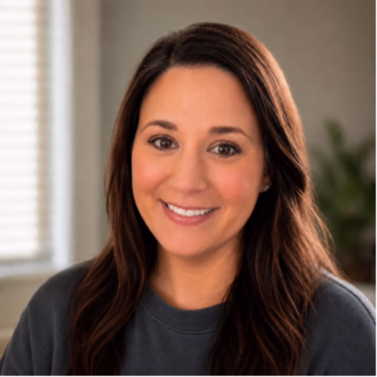 Portrait of a smiling woman with long brown hair, wearing a dark gray sweatshirt, indoors.