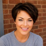 Smiling woman with short dark hair and light makeup, wearing a gray T-shirt, in front of a brick wall.