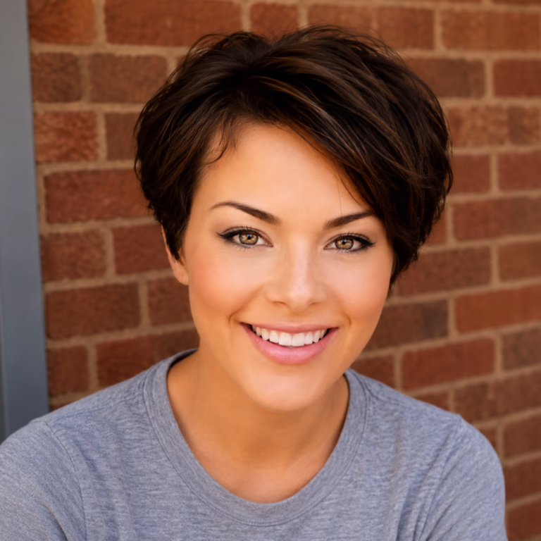 Smiling woman with short dark hair and light makeup, wearing a gray T-shirt, in front of a brick wall.